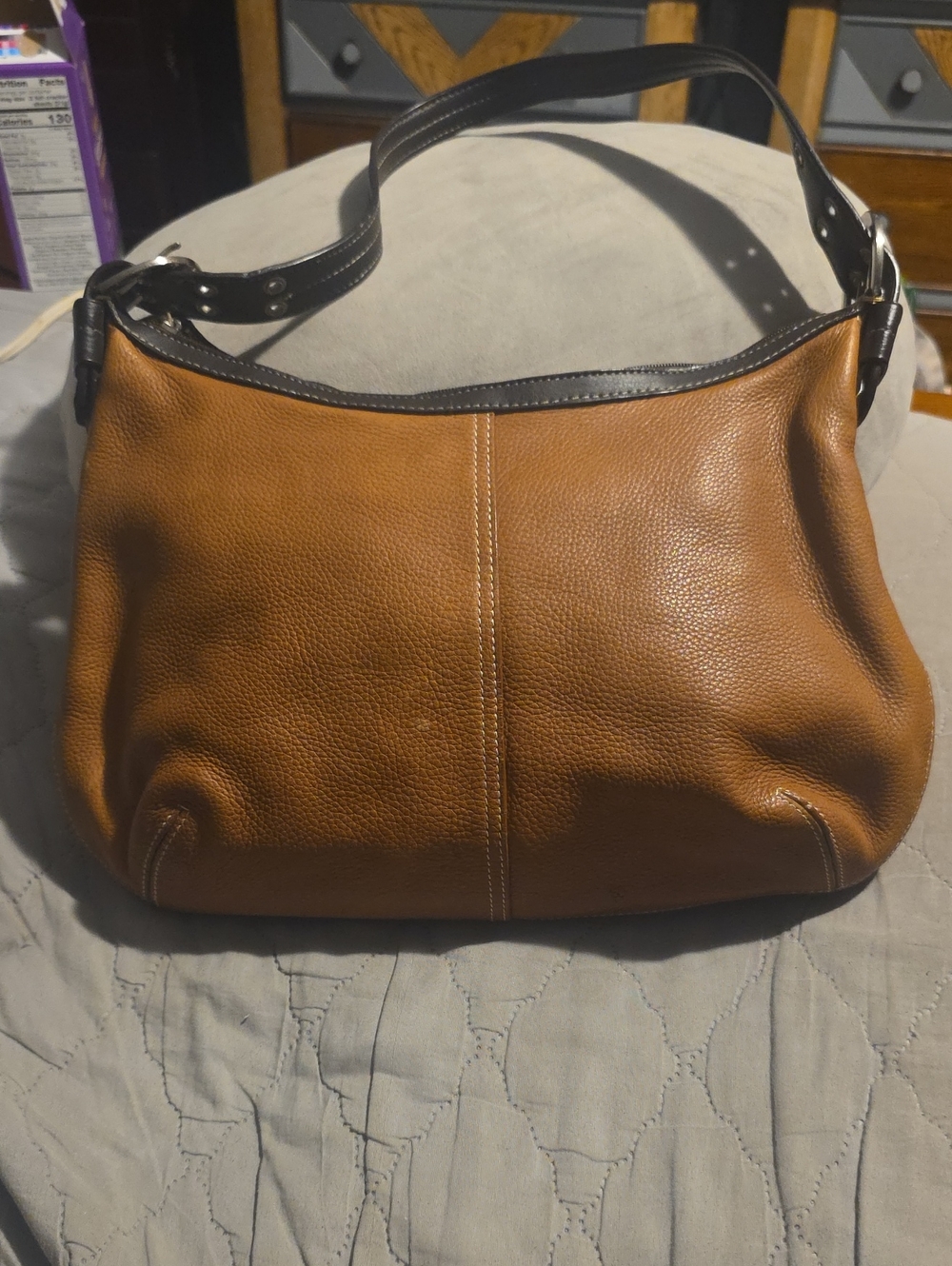 Leather Shoulder Hobo Bag in Tan with Brown Trim